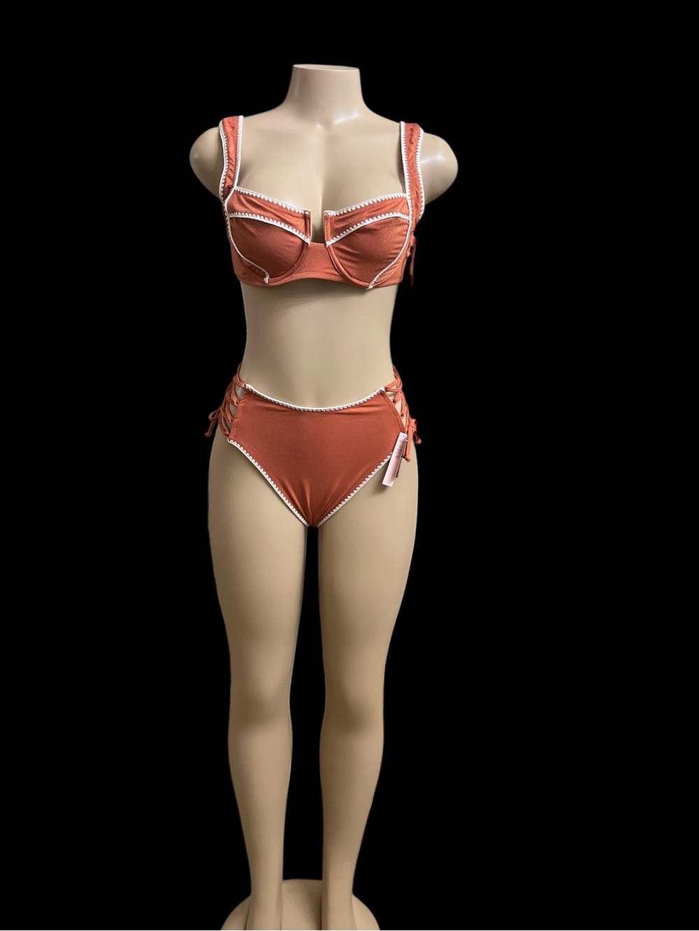 Victoria Secret Rust Orange High-Waist Lace-Up Bikini Set 38 B Top/Medium Bottom - Picture 2 of 7